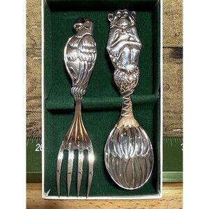 🔥 NEW-Reed & Barton  Safari  PARROT & MONKEY Silverplated Spoon & Fork 2 Pc
